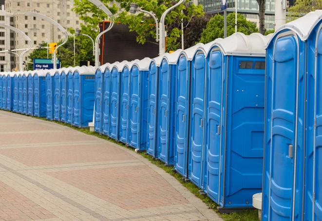 a fleet of portable restrooms ready for use at a large outdoor wedding or celebration in Cupertino